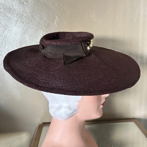 SUPERB 1940s\' BROWN STRAW TILT WIDE BRIM HAT WITH METAL STUDS main image 8